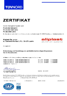 SERTIFIKATAI Aliplast Aluminium Systems ISO 9001; 14001; 45001 - DE