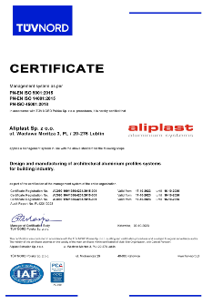 SERTIFIKATAI Aliplast Aluminium Systems ISO 9001, 14001, 45001 - EN